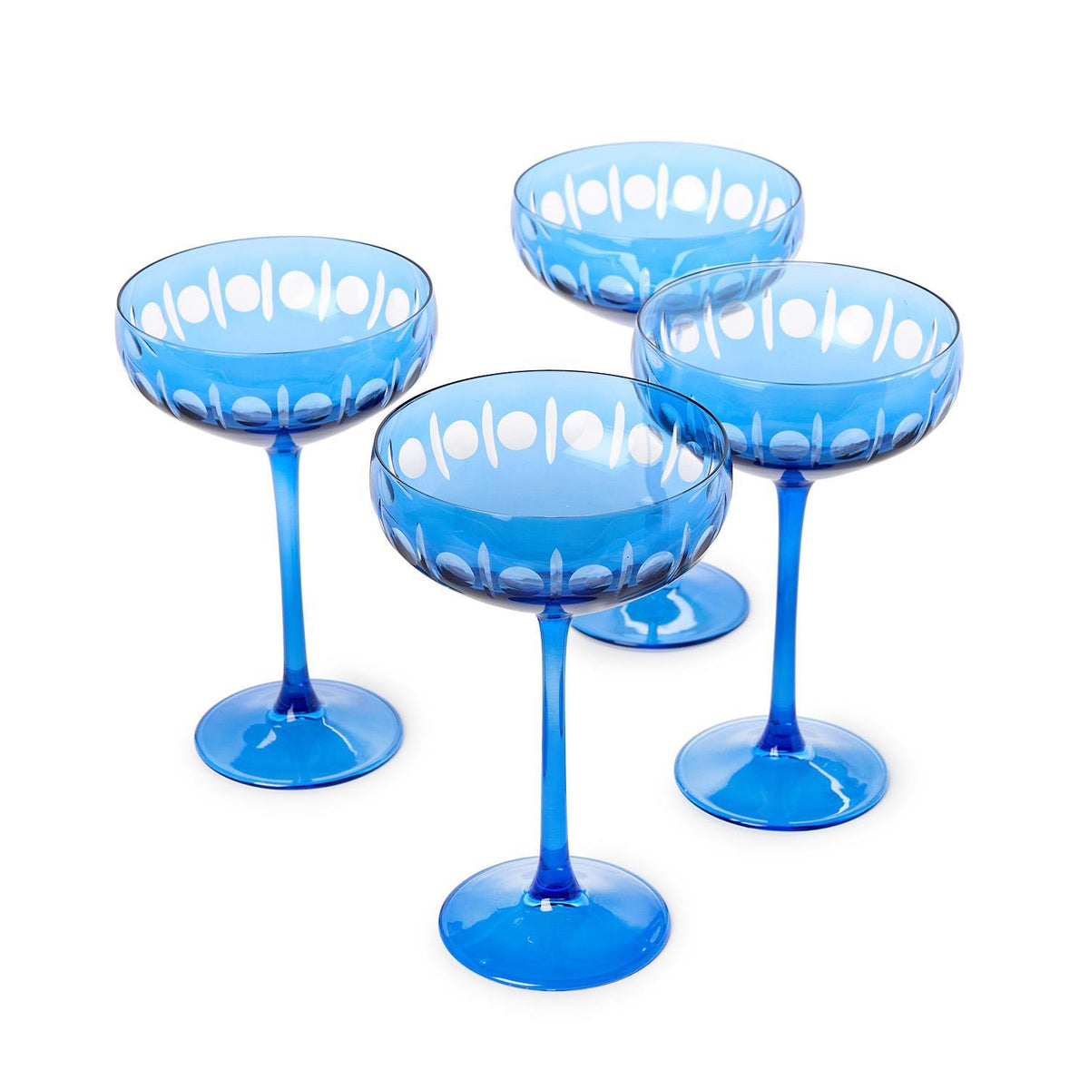 Sparkling Cut Set of 4 Blue Hand Engraved Coupe Glasses