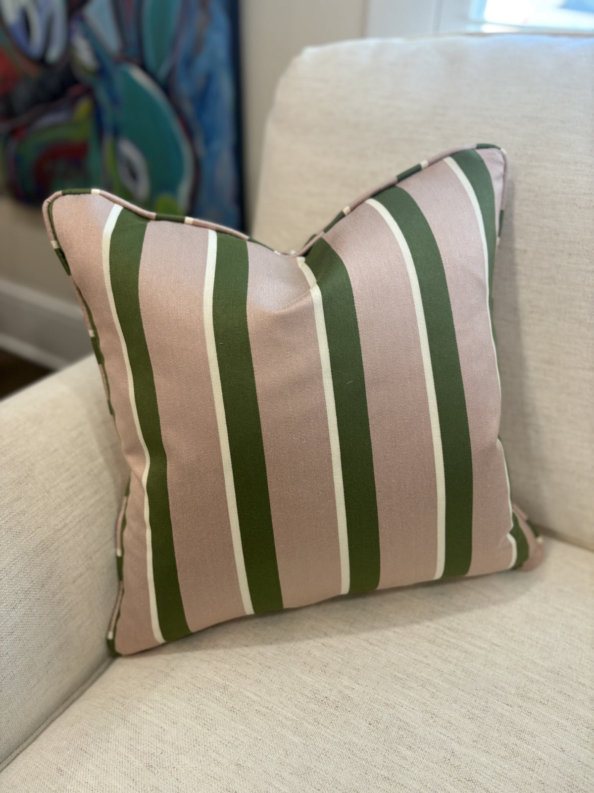Pink and Green Striped Pillow 16x16