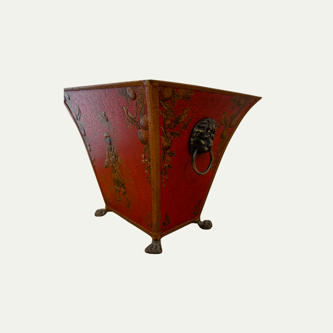 Red Floral Handpainted Metal Bin / Planter Red Floral Handpainted Metal Bin / Planter