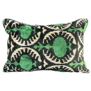 Silk Velvet Ikat Pillow Cover-Green Pom