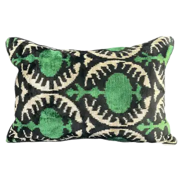 Silk Velvet Ikat Pillow Cover-Green Pom