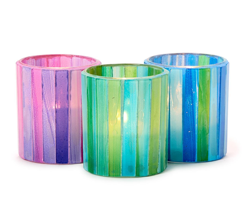 Mosaic Set of 3 Tealight / Votive Candle Holders Includes 3 Colors: Blue, Green, Pink - Glass