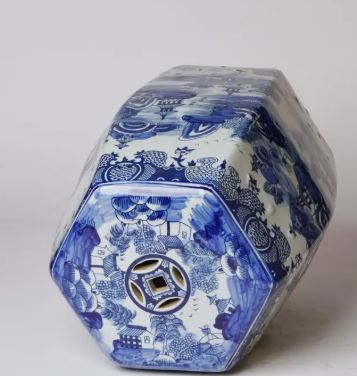 Willow Ware Blue and White Hexagonal Porcelain Garden Seat