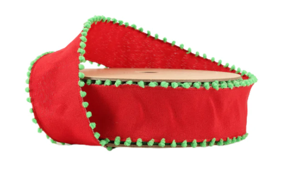 1 1/2" Wired Ribbon | Red w/ Lime Green Pom Pom Edge