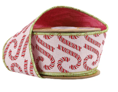 2 1/2" Wired Jacquard Ribbon| Candy Cane on Pink w/ Dupioni Back