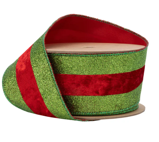 Green Glitter and Red Velvet Striped Wired Ribbon 10yd