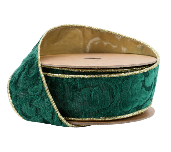 1 1/2" Wired Reversible Velvet Ribbon | Green Floral Embossed with Gold Backing | 10 Yard Roll