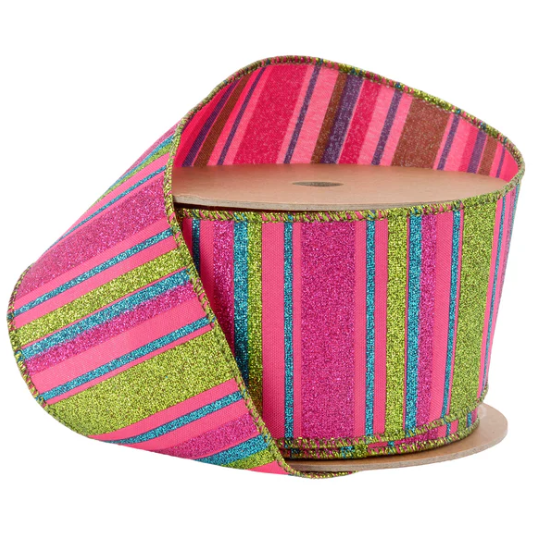 2 1/2" Wired Ribbon | Multi Colored Stripes on Hot Pink | 10 Yard Roll