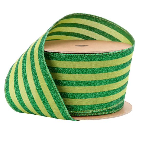 2 1/2" Wired Ribbon | Green Glittered Pinstripes on Dark Green | 10 Yard Roll