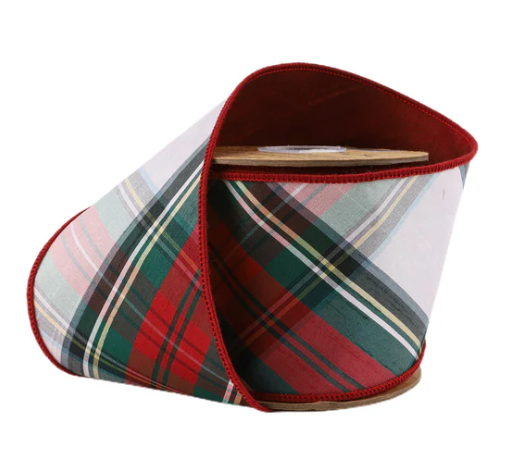 4" Wired Dupioni Ribbon | Burgundy/Green/White Plaid Bias Cut