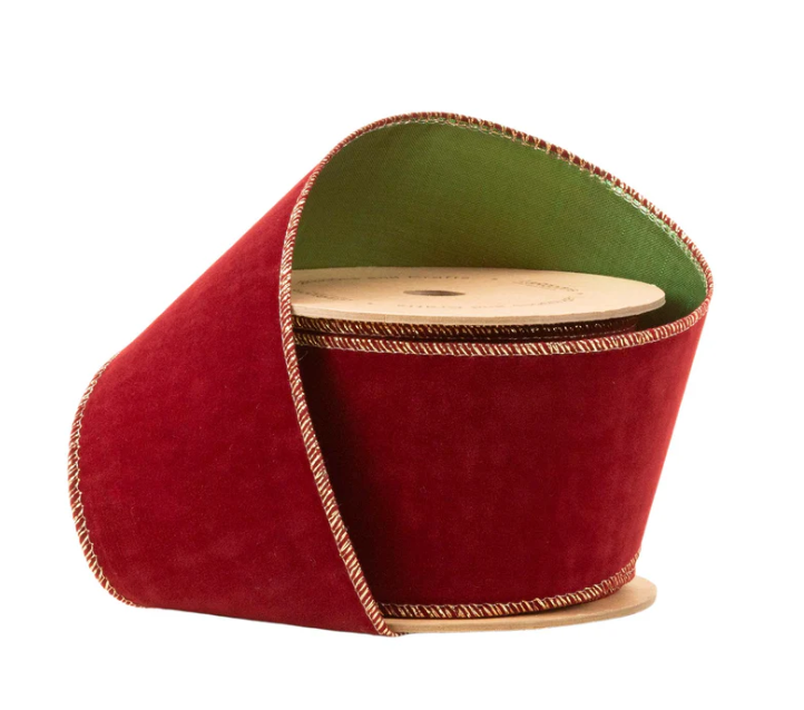 2 1/2" Reversible Flat Velvet/Lurex Wired Ribbon | Cranberry/Green