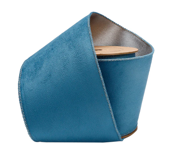 4" Reversible Classic Velvet/Shimmer Wired Ribbon | Military Blue/Lt. Silver