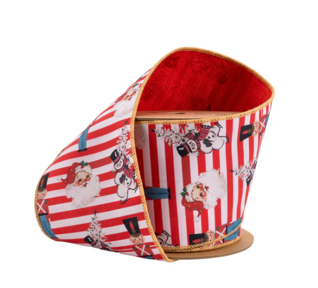 4" Wired Reversible Dupioni | Vintage Toys on Red/White Stripe and Red Backing