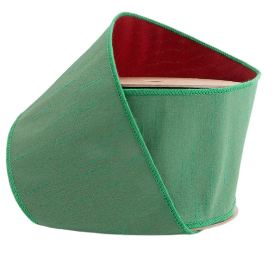 4" Wired Double-fused Dupioni Ribbon | Red/Green