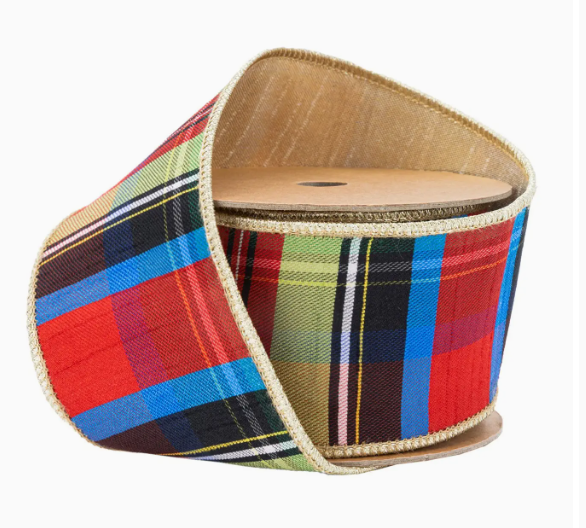 2 1/2" Wired Plaid Ribbon with Gold Dupioni Backing