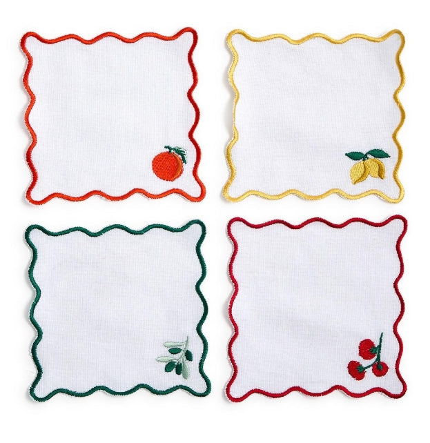 Embroidered Fruit Cocktail Napkins with Wavy Edge-Set of 4