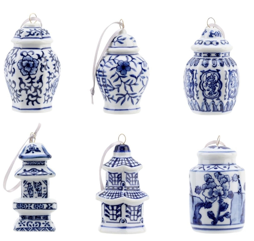 Set of 6 Christmas Chinoserie Pagoda and Jar