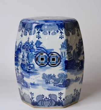 Willow Ware Blue and White Hexagonal Porcelain Garden Seat