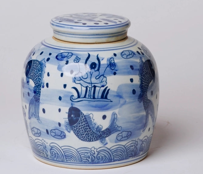 Blue and White Porcelain River Fish and Lotus Round Jar