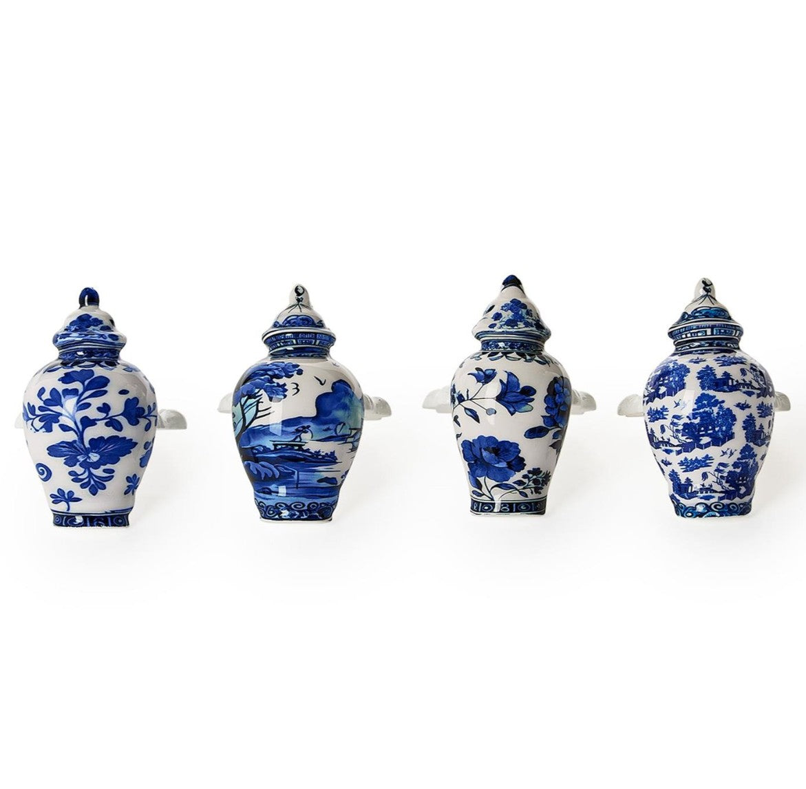 Hand-Painted Blue and White Temple Jar Napkin Ring Set of 4