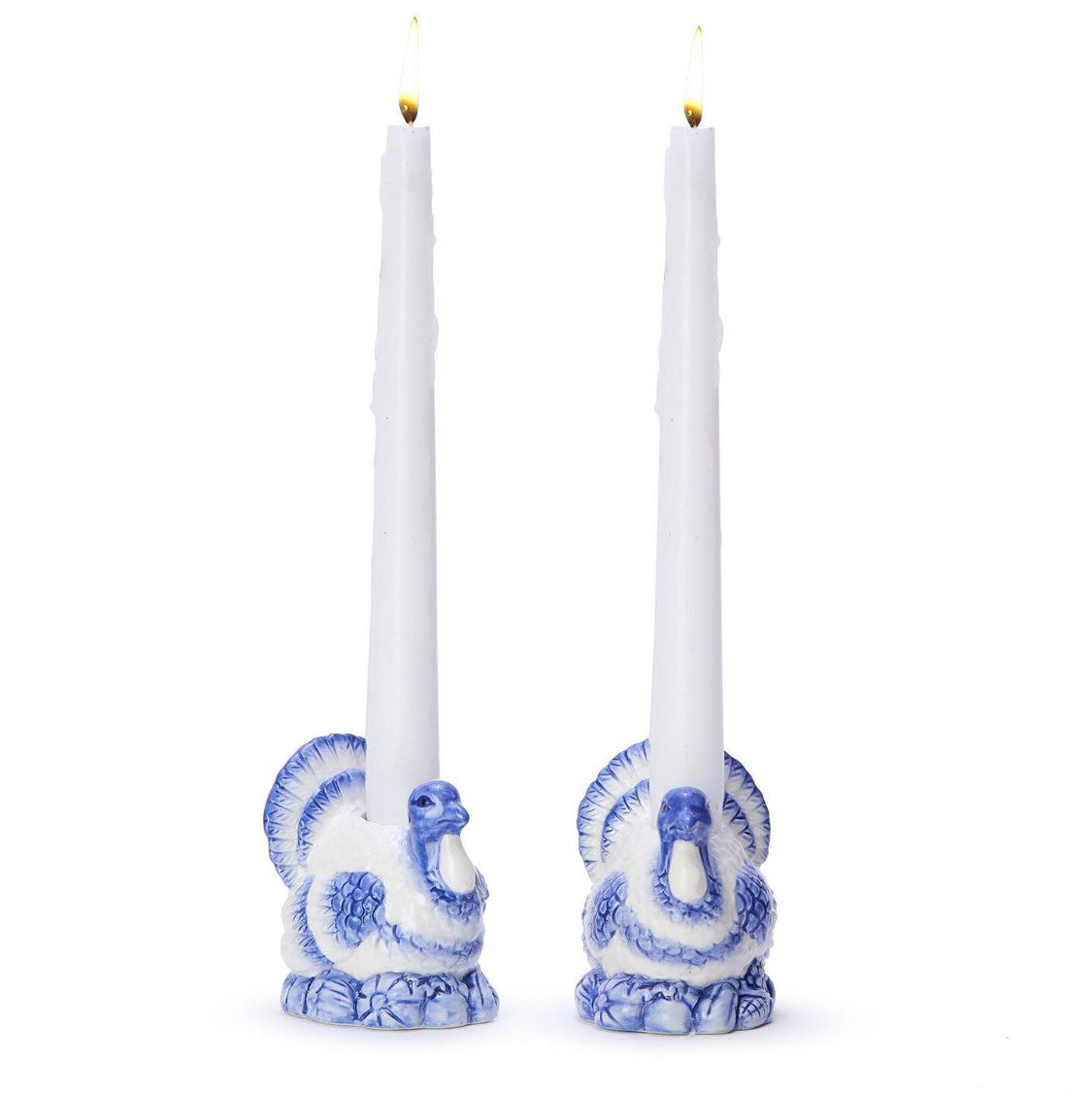 Set of 2 Blue and White Turkey Candleholders