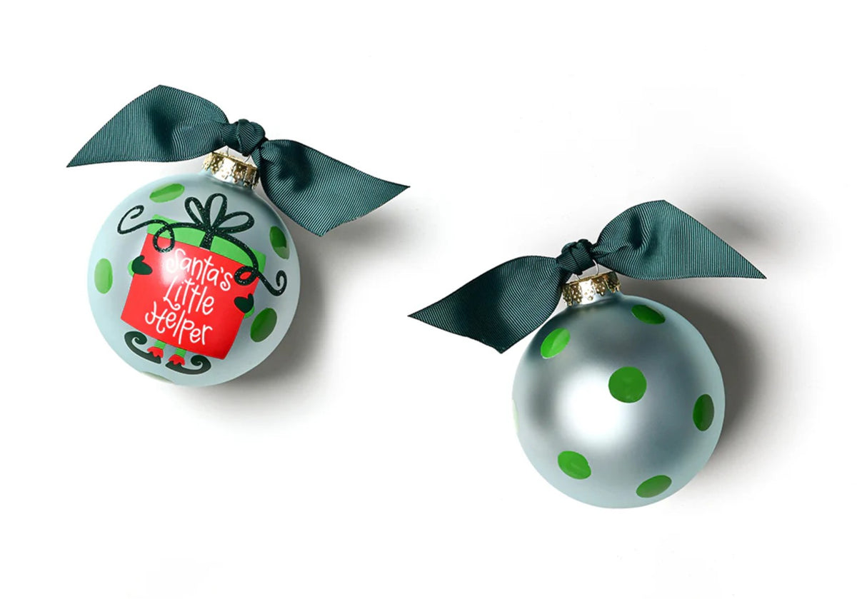 Blue Santa's Little Helper Glass Ornament