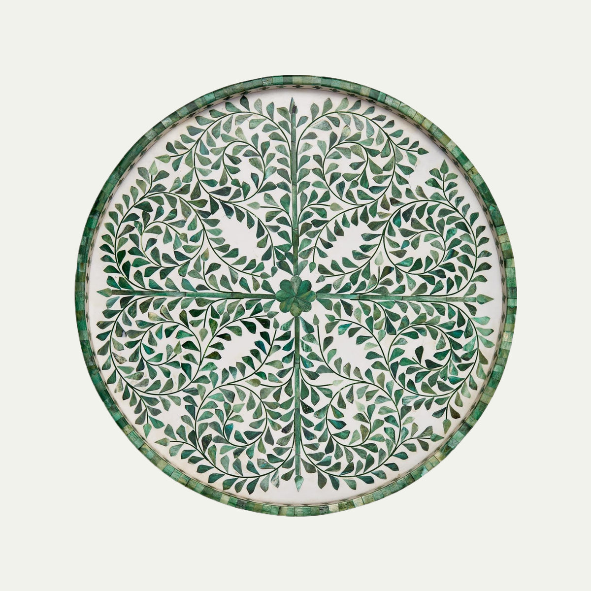 Green and White Inlaid Decor Round Serving Tray