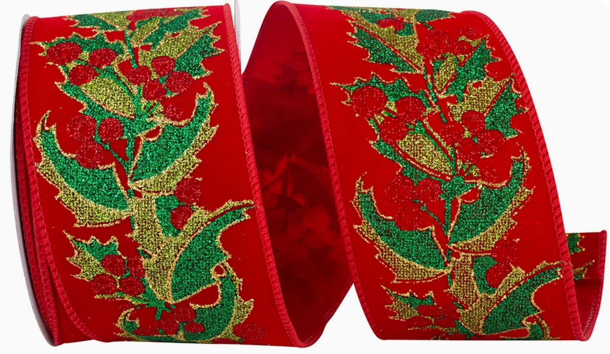 Holly Glitter Extravagance Velvet Wired Edge, Red/Green