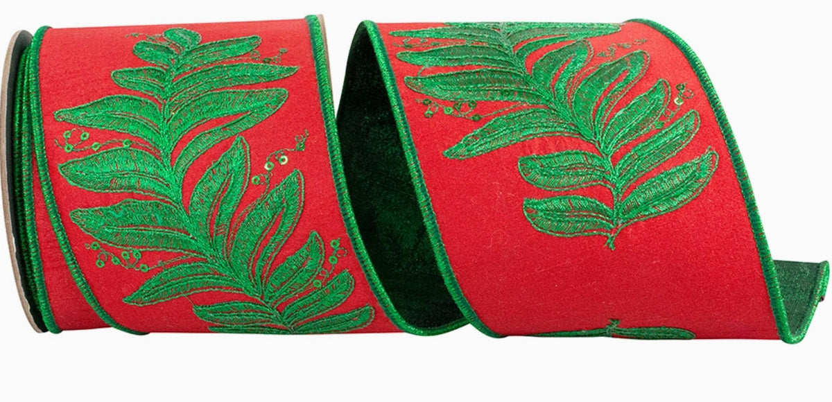 Leaf Embroidery Filigree Wired Edge, Red/Green, 4 in