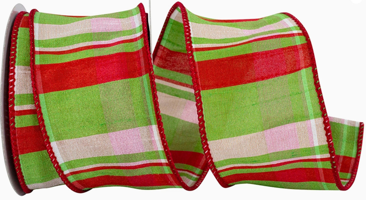 Lime Plaid Dupioni Wired Edge, Red/Lime, 2-1/2 in, 10 Yards