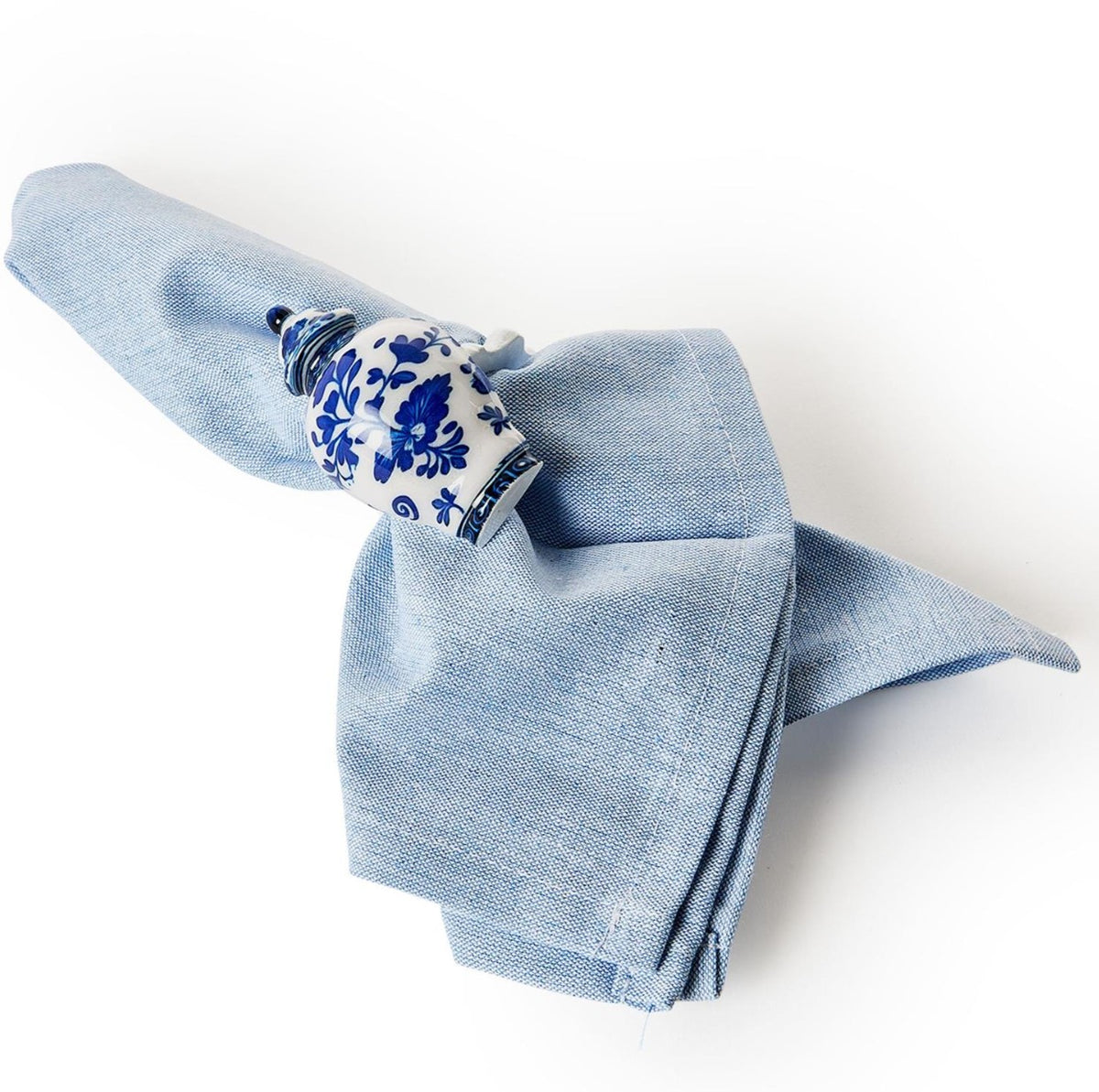 Hand-Painted Blue and White Temple Jar Napkin Ring Set of 4