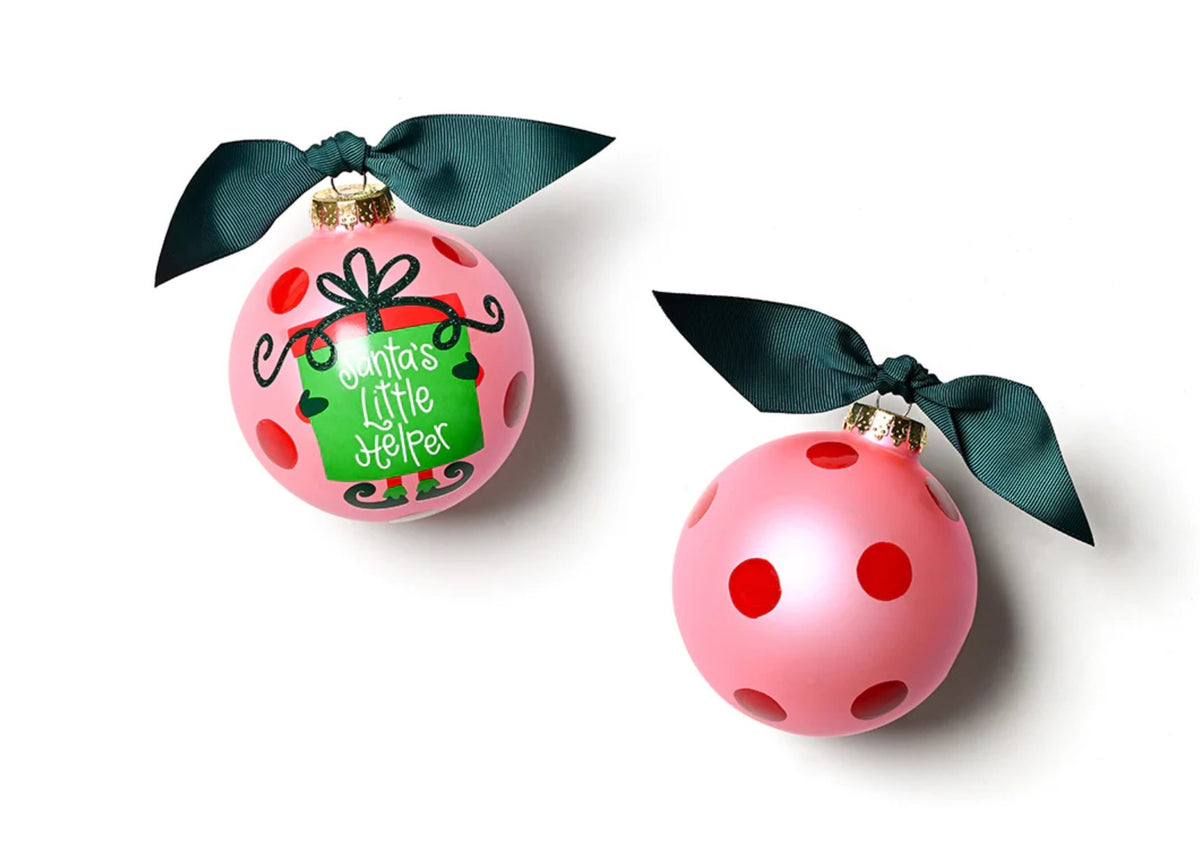 Pink Santa's Little Helper Glass Ornament