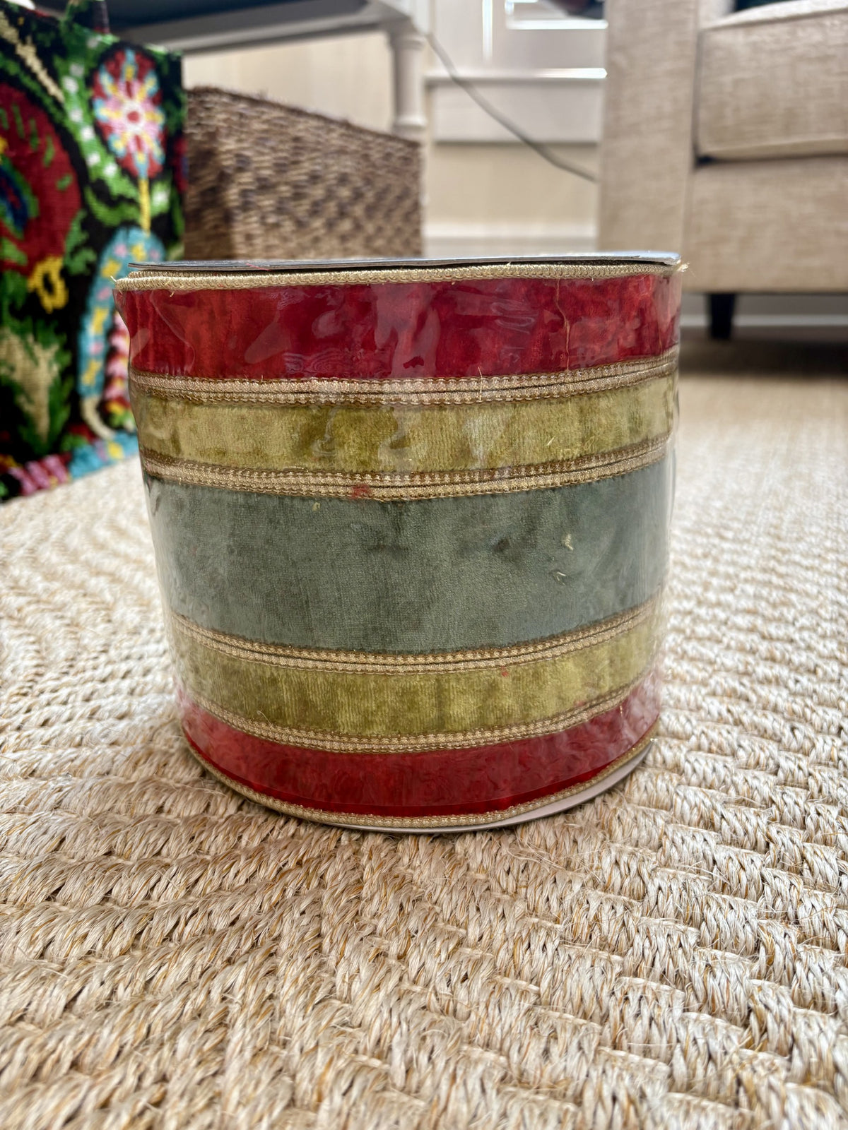 Red/Apple/Green Velvet Stripe Metallic Dupion DBL Fused