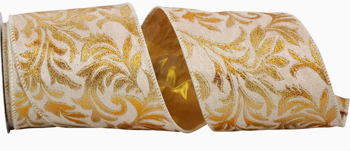 Velvet Florence Wired Edge, White/Gold, 4 in, 5 Yards